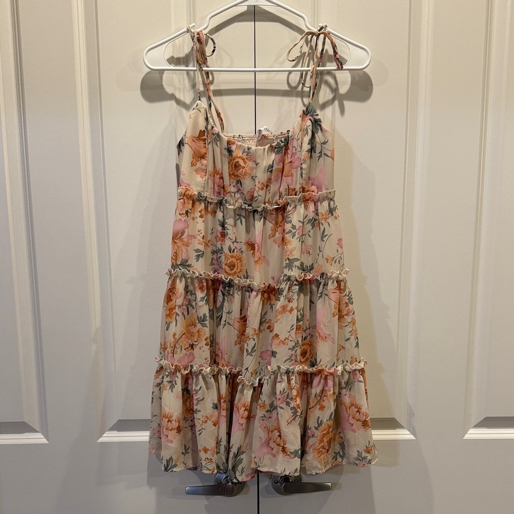 Floral Tiered Mini Dress in Pink and Cream